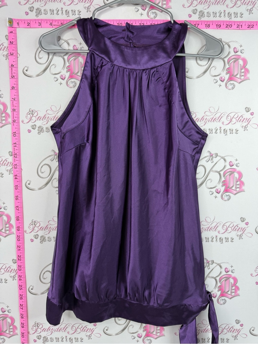 Soto tank top halter shiny diamond buttons Purple Satin Halter Tank Top